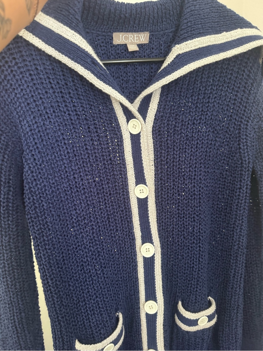 J.Crew Navy Sailor Collar Knit Cardigan button up Sweater XXS